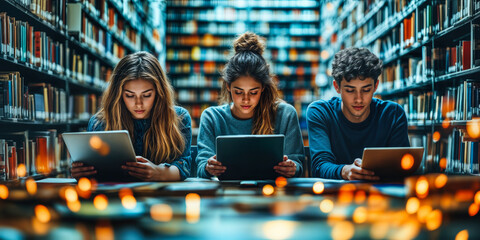 Students Utilizing Tablets in Library Setting with Digital Learning and Research Enhancement in Education Technology