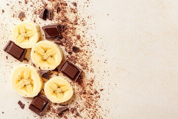 Fototapeta premium Banana slices chocolate pieces on beige background