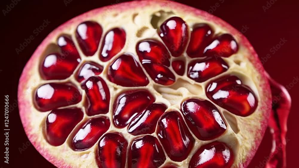 Poster Juicy pomegranate half rotating dynamically with vibrant red juice splashing, revealing intricate seed patterns against gradient dark background in slow motion