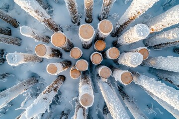 A collection of logs in the snow.