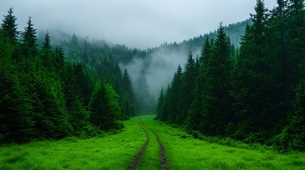 Fototapeta premium Misty Green Forest Path