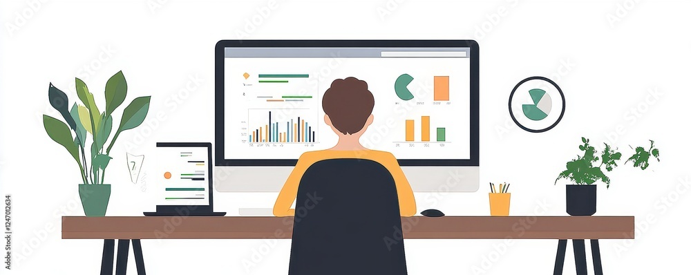 Poster a person sits at a desk working on a computer, analyzing graphs and data, surrounded by plants in a 