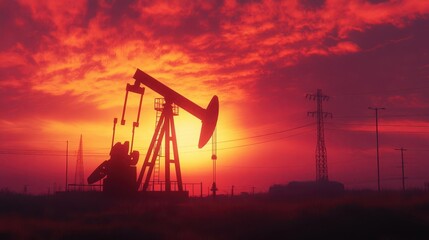 Oil Pump Rig at Sunset Background, Energy Industrial Machine for Petroleum Design, AI-Generated Illustration for Environmental Campaigns