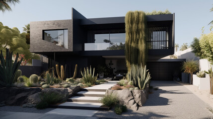 A contemporary urban home with sharp architectural lines, black and white contrast siding, 