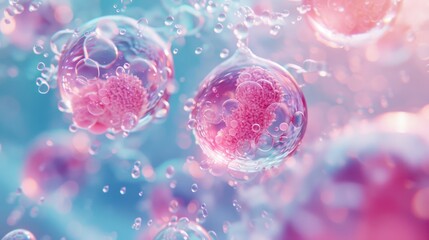 Obraz premium High-detail 3D rendering of a molecule within a liquid bubble, floating in a cosmetic essence, with a DNA water splash background. Captivating and vibrant