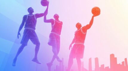 Dynamic Basketball Players in Action Against City Skyline: A Vibrant Polygonal Illustration
