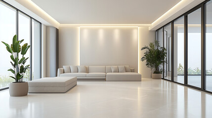 modern minimalist living room with large beige sectional sofa indoor plants floor to ceiling glass windows sleek white flooring and ambient recessed lighting in a bright spacious interior