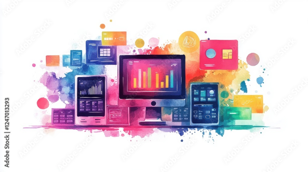 Poster a vibrant digital art representation featuring various devices displaying data visualizations and gr