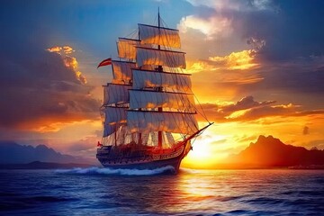 Fototapeta premium As the sun sinks below the horizon, a pirate ship cruises the ocean. Vintage cruise