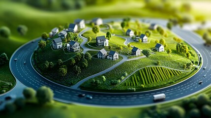 An aerial panoramic view of a well planned smart city with environmentally conscious zones green spaces renewable energy infrastructure