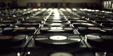 Obraz premium Close up of a large record collection, showing rows of vinyl records and cds. A music lovers haven.