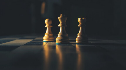 Strategic chess match featuring dramatic lighting, wooden chess pieces arranged in competitive formation, intense intellectual battle
