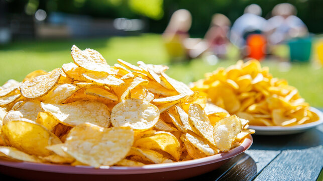 Crispy potato chips and French fries on platter, perfect for outdoor gatherings. Enjoy sunny day with friends and delicious snacks in vibrant setting