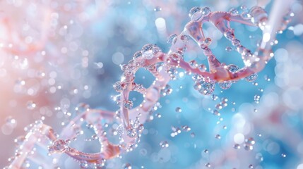 High-detail 3D rendering of a molecule within a liquid bubble, floating in a cosmetic essence, with a DNA water splash background. Captivating and vibrant