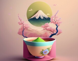 A concept poster for a traditional Japanese matcha brand. The background features a soft watercolor painting of Mount Fuji. In the foreground, a beautiful bowl design is filled with matcha powder