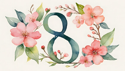 Watercolor number eight surrounded by blooming flowers and leaves on soft textured background for decoration