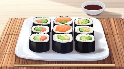 Top view sushi plating on bamboo mat with soya sauce in bowel vector illustration
