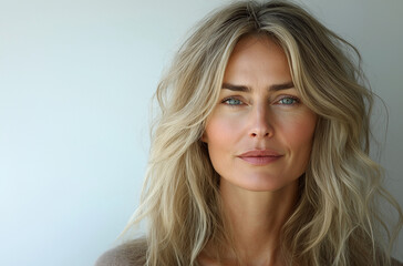 Fototapeta premium A beautiful, attractive, and graceful mature woman around 50 years old with white hair gently touches her face in front of a light grey background. This elegant image is perfect for a beauty 