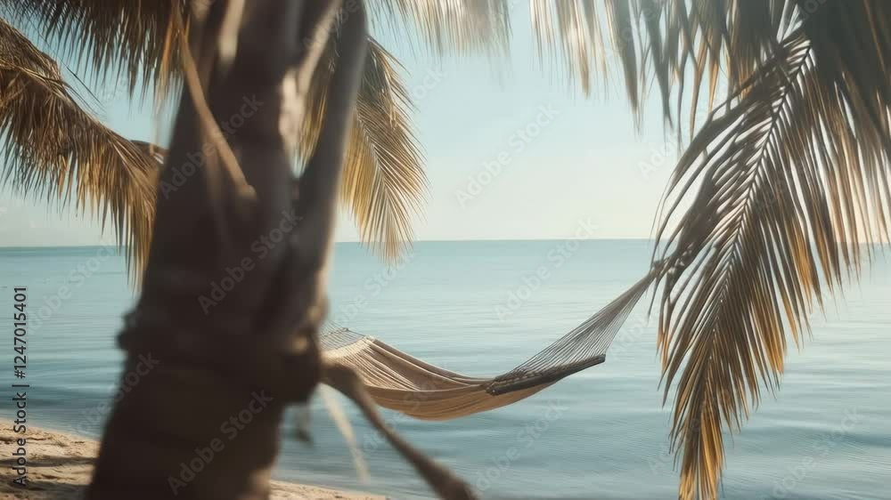 Poster luxurious hammock gently swinging between lush palm trees on pristine white sand, embodying tranquil