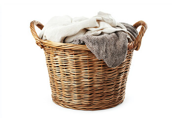 Wicker basket with white laundry on white background. Laundry concept, housework, cleaning