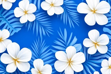 Tropical Floral Background with Blue Leaves and White Flowers - A vibrant tropical background featuring beautiful white flowers and lush blue leaves on a vivid blue backdrop. Perfect for summer themes