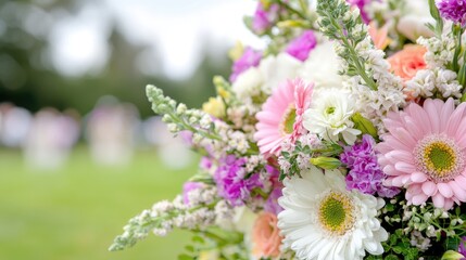 Fototapeta premium Colorful wedding bouquet outdoors, blurred guests