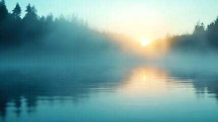 Fototapeta premium Misty Sunrise over a Tranquil Lake with Reflections