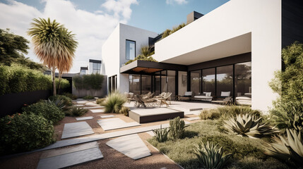 A contemporary urban home with sharp architectural lines, black and white contrast siding, 