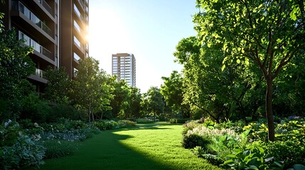 Modern Apartment Building with Lush Green Garden