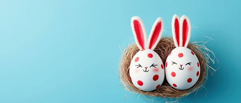 easter holiday, greeting card, easter eggs with bunny face and ears laying in a nest, pastell blue background
