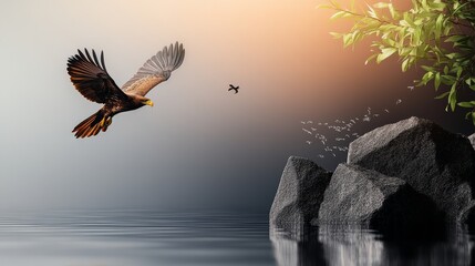 Fototapeta premium Majestic Eagle Takes Flight Over Tranquil Water - A stunning eagle soaring gracefully above calm water, embellished with tranquil rocks and budding greenery, symbolizing freedom, nature, peace