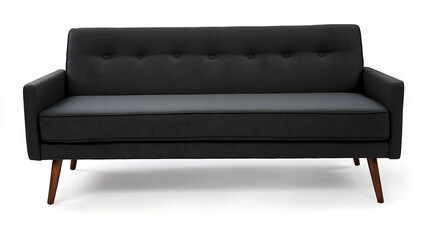 A black couch with a brown trim