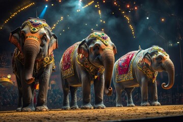 Majestic elephants performing in a vibrant circus show