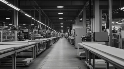Fototapeta premium Empty factory production line, industrial interior, machinery, automated process, potentially for stock photography