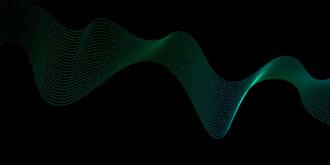 Abstract background with waves for banner. Medium banner size. Vector background with lines. Element for design isolated on black. Black, green and blue. Ocean, night, card