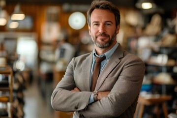 Obraz premium Confident Businessman Standing in Busy Office Environment