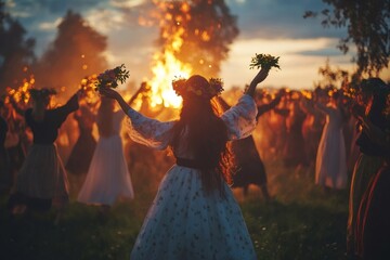 Women are celebrating midsummer by dancing around bonfire with flowers in their hands