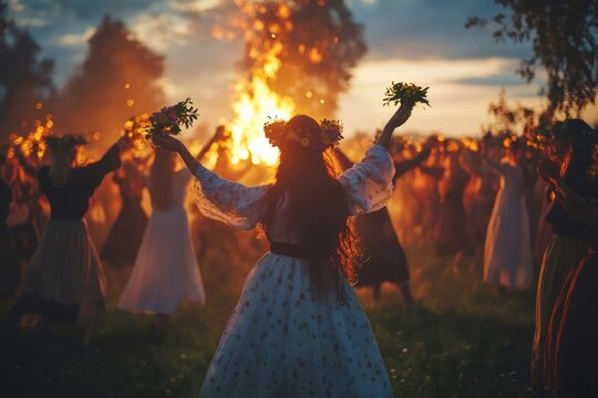 Women are celebrating midsummer by dancing around bonfire with flowers in their hands