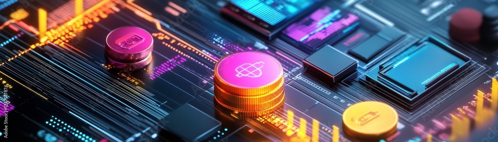 Poster a vibrant digital circuit board featuring colorful coins and intricate patterns, reflecting the inte