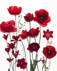 Obraz premium Selection of Exquisite Red Flowers Isolated on Pure White Background, High-Resolution Floral Photography for Commercial Branding