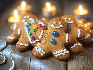 Fototapeta premium A festive arrangement of freshly baked gingerbread cookies with colorful decorations, such as candy eyes and sprinkles.