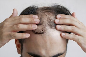 Fototapeta premium Close-Up Photograph of a Man's Head with Thinning Hair and Hands Holding Scalp for Examination