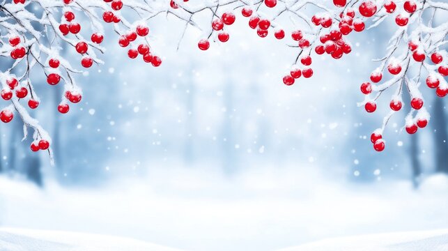 Winter Berries and Snowy Background - A serene winter scene featuring branches with red berries against a soft snowy background creating a peaceful atmosphere.