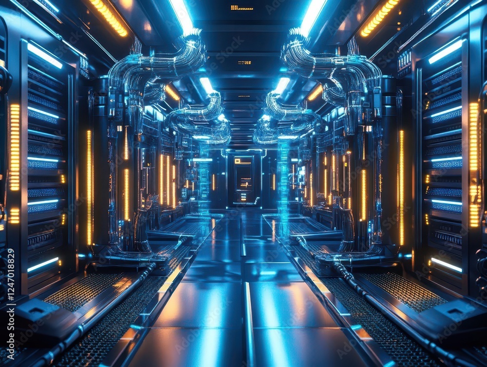 Aufkleber server room with quantum computing network cables and wires in futuristic glow