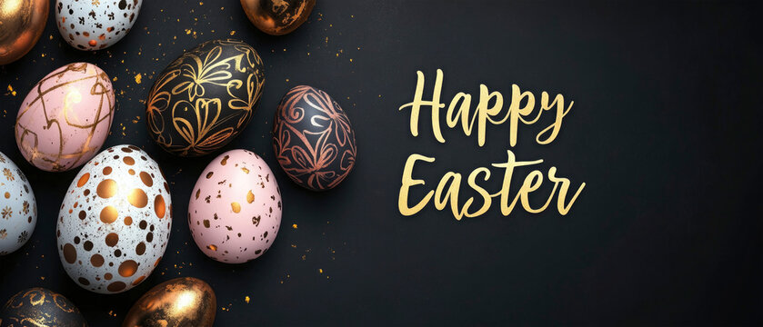 easter holiday greeting card, easter eggs with design, golden text "Happy Easter", black background  - Powered by Adobe