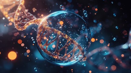 High-detail 3D rendering of a molecule within a liquid bubble, floating in a cosmetic essence, with a DNA water splash background. Captivating and vibrant