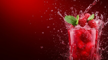 Refreshing Raspberry Drink Splashing in Glass - A vibrant glass filled with raspberries and mint leaves splashing water, creating a refreshing summer beverage against a red background.