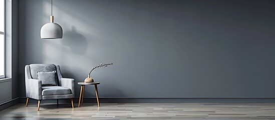 Gray interior featuring armchair, side table, hanging lamp, and empty wall. Modern and minimalist style.
