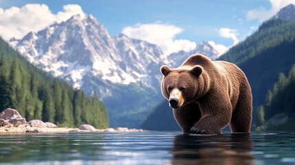Majestic Bear Walking Through a Lush Landscape - A powerful bear forages in a crystal-clear river surrounded by towering mountains, symbolizing strength, nature, wilderness, tranquility, and beauty.