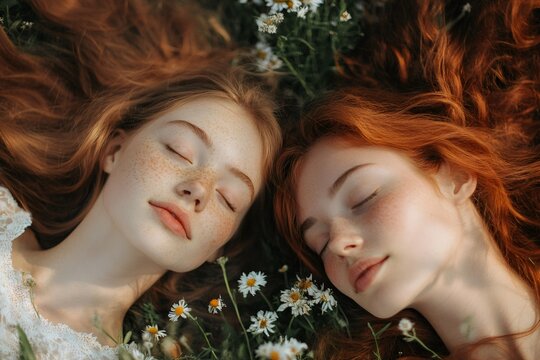 Serene redheads lying amongst wildflowers